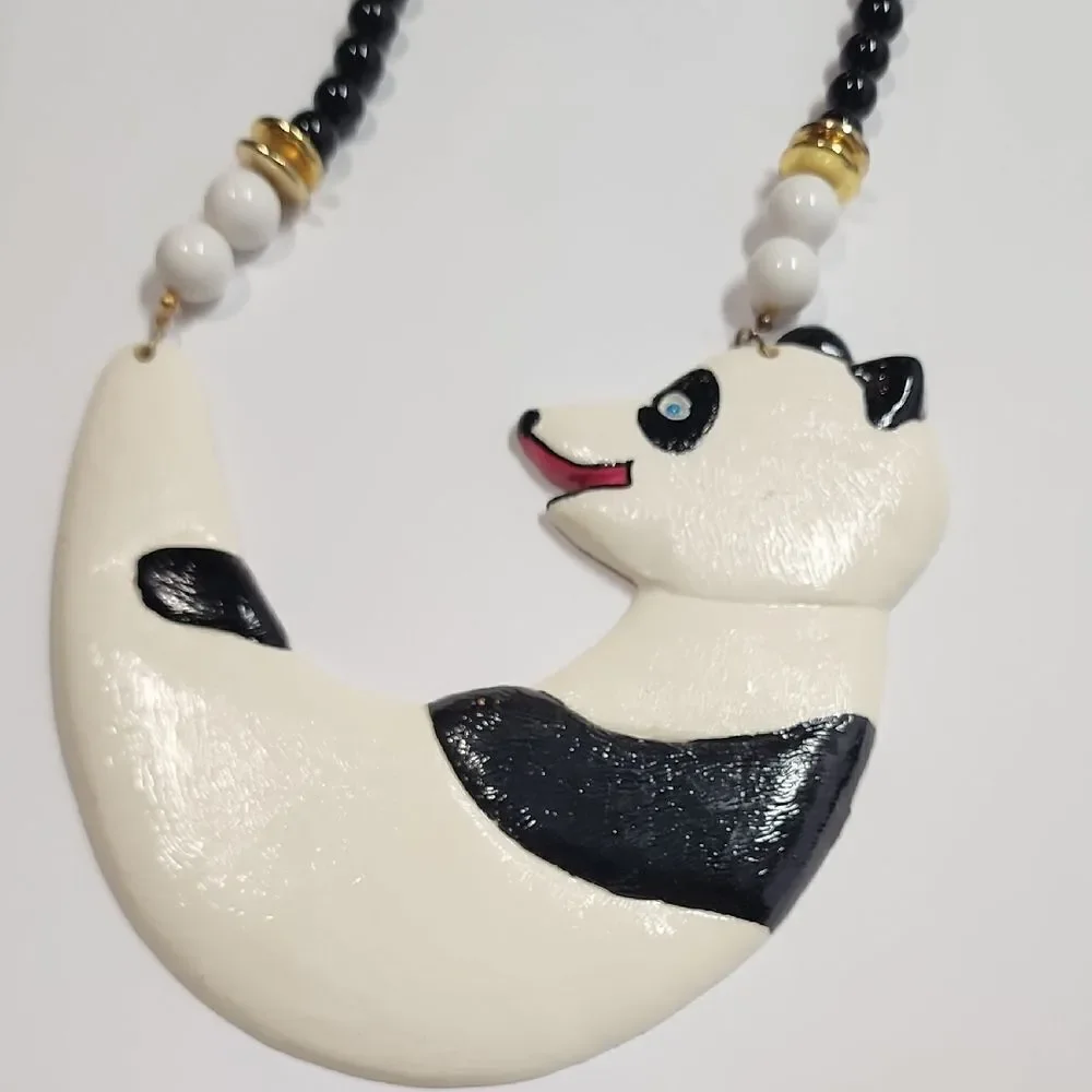 Black and White Panda Necklace Unique Good Luck Bear Handpainted
